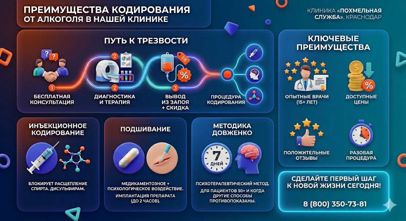 Инфографика о методах кодирования от алкоголя в Коркмаскале: инъекции, подшивание, метод Довженко. Преимущества клиники и этапы лечения.